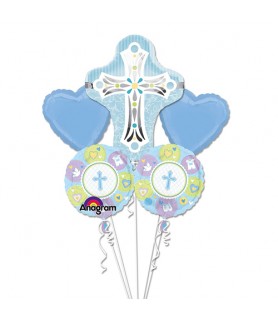 Religious 'Sweet Christening' Blue Foil Mylar Balloon Bouquet (5pc)