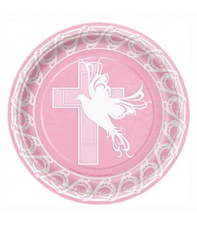 Religious 'Dove Cross Pink' Large Paper Plates (8ct)
