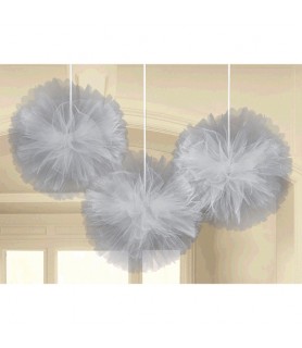 Silver Tulle Large Fluffy Pom Pom Decorations (3ct)