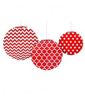 Red Quatrefoil Polka Dots Chevron Paper Lanterns (3ct)