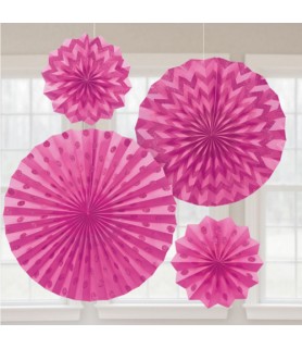 Bright Pink Glitter Printed Paper Fan Decorations (4ct)