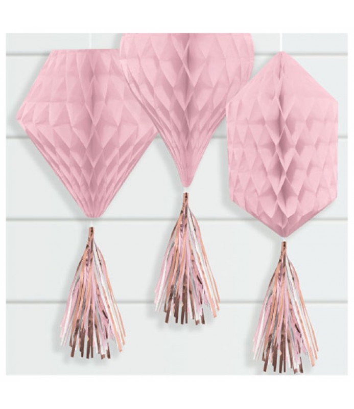 Rose Gold Blush Mini Honeycomb Decorations w/ Tassels (3ct)