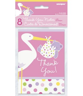 Baby Girl Stork Thank You Notes w/ Envelopes (8ct)