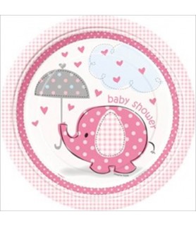 Umbrella Elephant Girl Baby Shower Large Paper Plates (8ct)