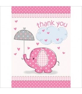 Umbrella Elephant Girl Baby Shower Thank You Notes w/ Envelopes (8ct)