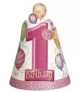 1st Birthday Balloons Girl Cone Hats (8ct)