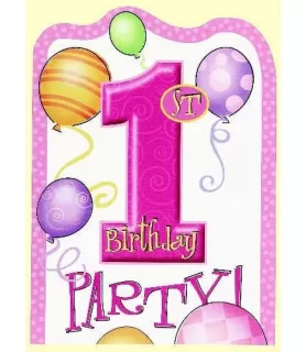 1st Birthday Balloons Girl Invitations w/ Envelopes (8ct)
