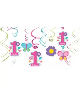 1st Birthday 'Sweet Girl' Hanging Swirl Decorations (12pc)