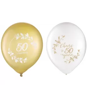 50th Anniversary Gold and White Latex Balloons (15ct)