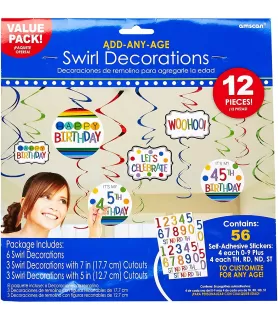 Rainbow Add-Any-Age Foil Birthday Hanging Swirl Decorations (12pc)