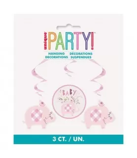 Baby Shower 'Pink Floral Elephant' Foil Hanging Swirl Decorations (3ct)