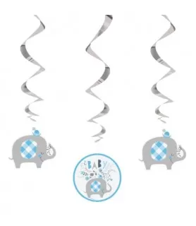 Baby Shower 'Blue Floral Elephant' Foil Hanging Swirl Decorations (3ct)