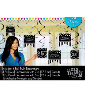 Birthday Black and White 'Chalkboard' Hanging Swirl Decorations (12pc)