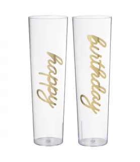 Birthday 'Golden Age' Clear Plastic Stemless Champagne Glasses (2pcs; 9oz)