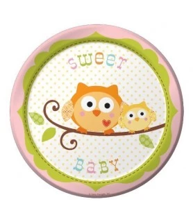 Happi Tree Owl Small Pink Girl Plates (8ct)