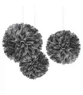 Black Paisley Large Fluffy Pom Pom Hanging Decorations (3ct)