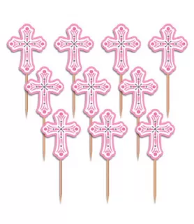 Religious 'Pink Cross' Cupcake Toppers / Picks (36ct)