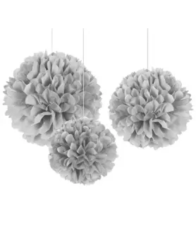 Silver Fluffy Pom Pom Decorations (3ct)*