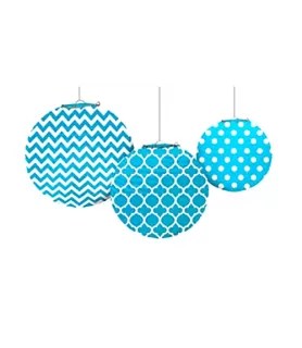 Caribbean Blue Quatrefoil Polka Dots Chevron Paper Lanterns (3ct)