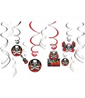 Rock On Skull and Flames Hanging Swirl Decorations (12pc)