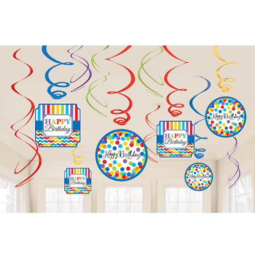 Bright Birthday Hanging Swirl Decorations (12pc)